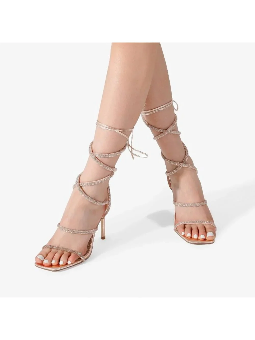 Women's Rose/Gold Strappy Stilettos Gladiator Sexy Square Toe Open Toe Sandals